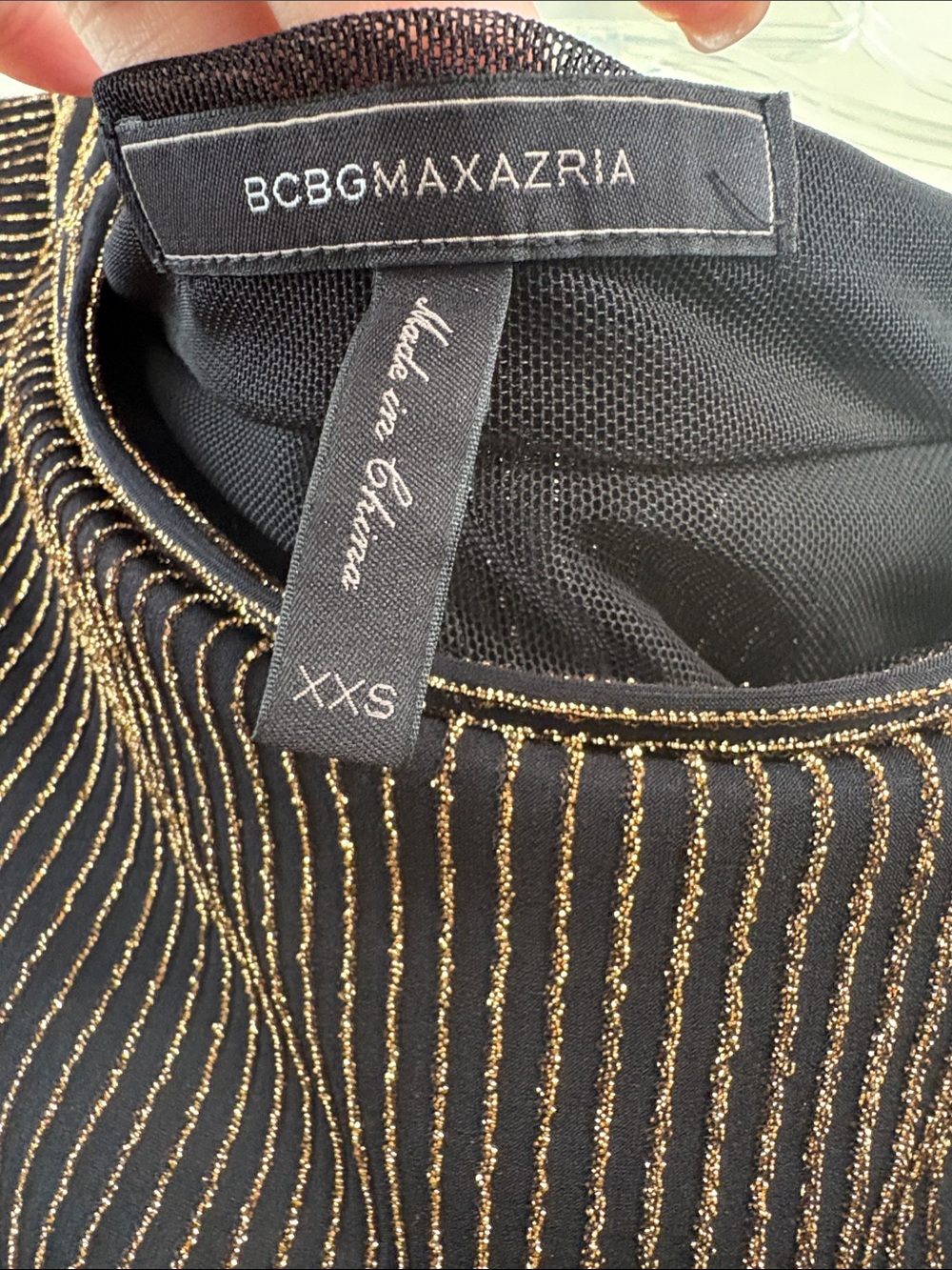 BCBGMaxAzria Brown Metallic-Striped Long Sleeve Cowl Dress - Picture 3 of 7